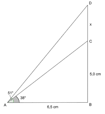 Figuren viser en rettvinklet trekant ABC med AB=6,5 cm og BC=5,0 cm. Siden BC forlenges til et punkt D slik at CD=x. Vinkel  CAB=38 grader og vinkel DAB=51 grader. Bestem lengden x.
